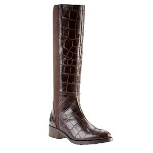 Donald J. Pliner Brown Embossed Croc Pull On Heeled Tall Boots